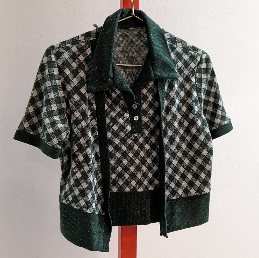 Retro Vintage Speckled Green Picnic Plaid Shirt Cardigan Combo Top